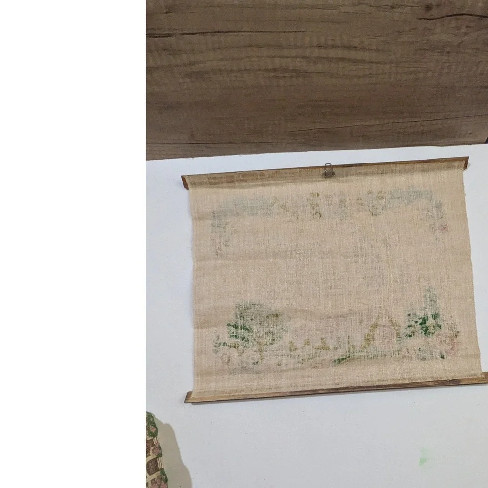 Vintage A Happy Home Recipe Linen Wall Hanging Wood Dowels Country Cottage Art‎